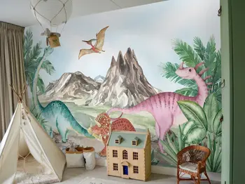 Acuarelă Dinozauri pentru Copii Tapet Colorat | Cute Trex Lumea Jurassic pictură Murală Coji de fructe și Stick | Preistorie Animale Pepinieră W